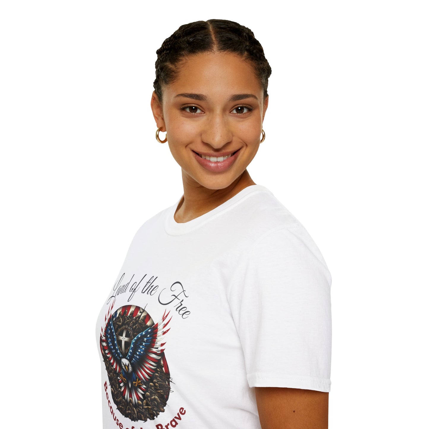 Land of the Free Because of the Brave - Patriotic Graphic Tee - Unisex Softstyle T-Shirt