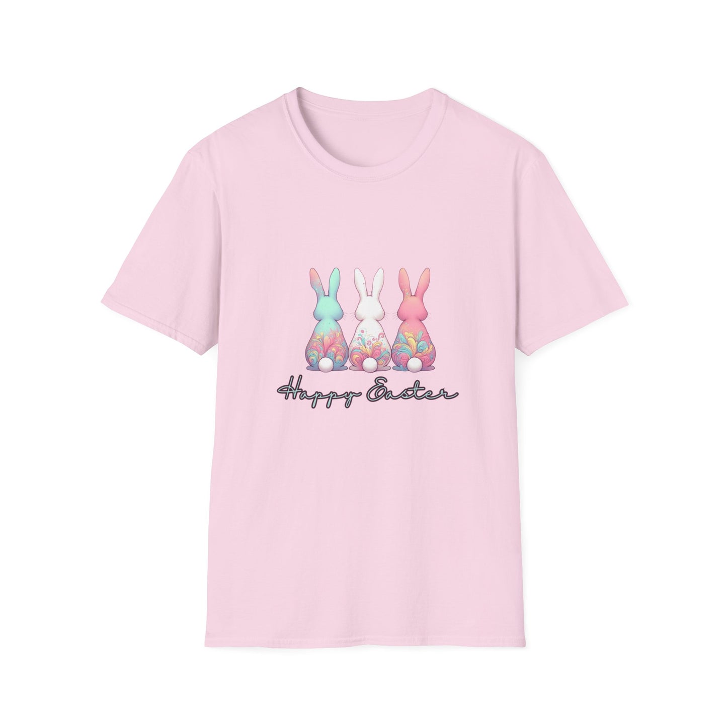 Happy Easter Unisex Softstyle T-Shirt - Cute Bunny Design - Blue Lettering