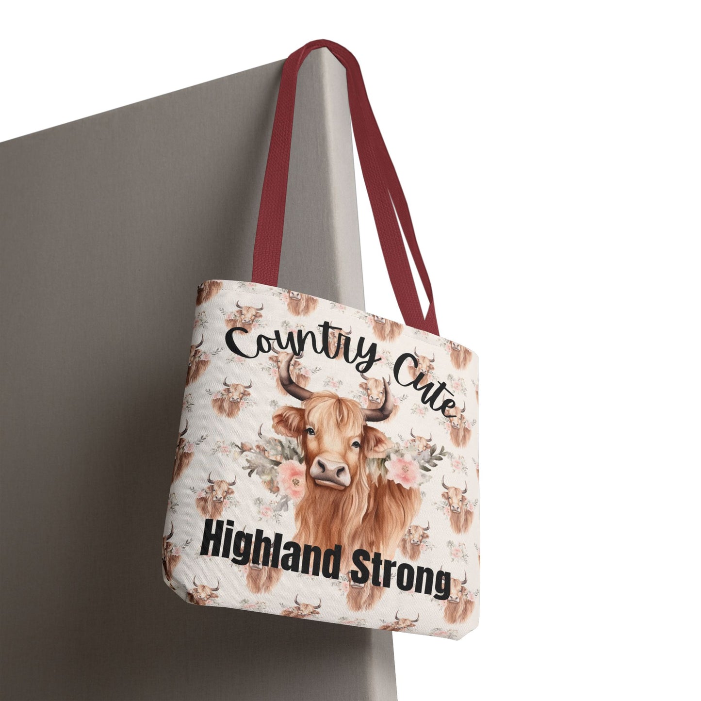 Country Cute, Highland Strong Tote Bag – Floral Highland Cow All-Over Print