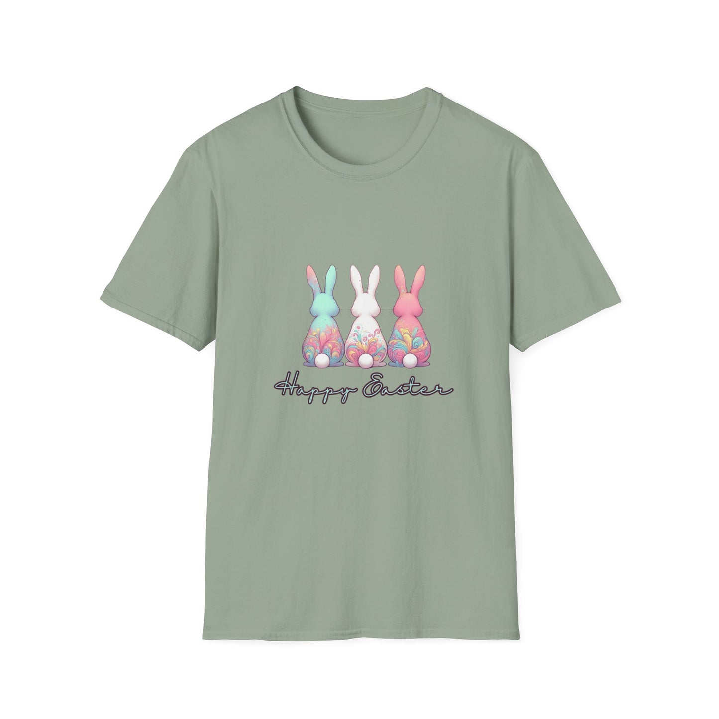 Happy Easter Unisex Softstyle T-Shirt - Cute Bunny Design - White lettering