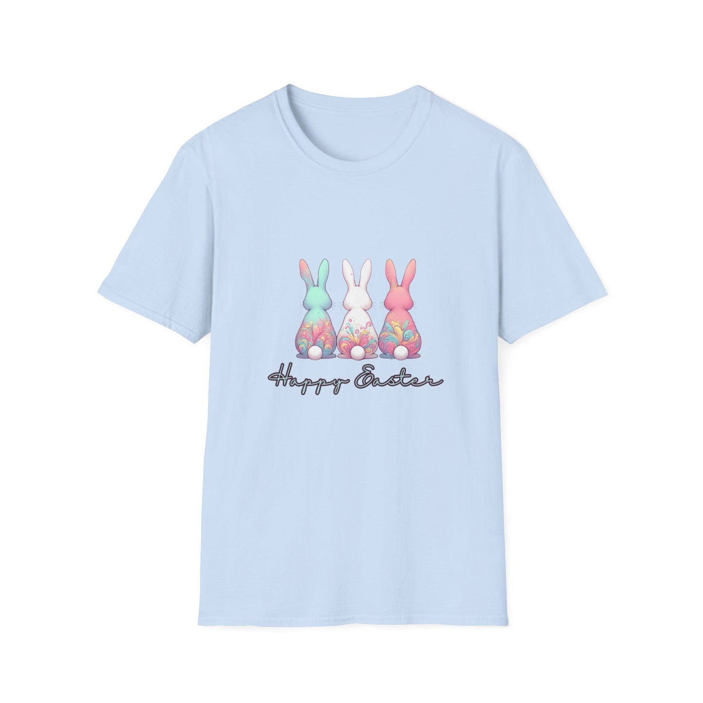 Happy Easter Unisex Softstyle T-Shirt - Cute Bunny Design - Blue Lettering