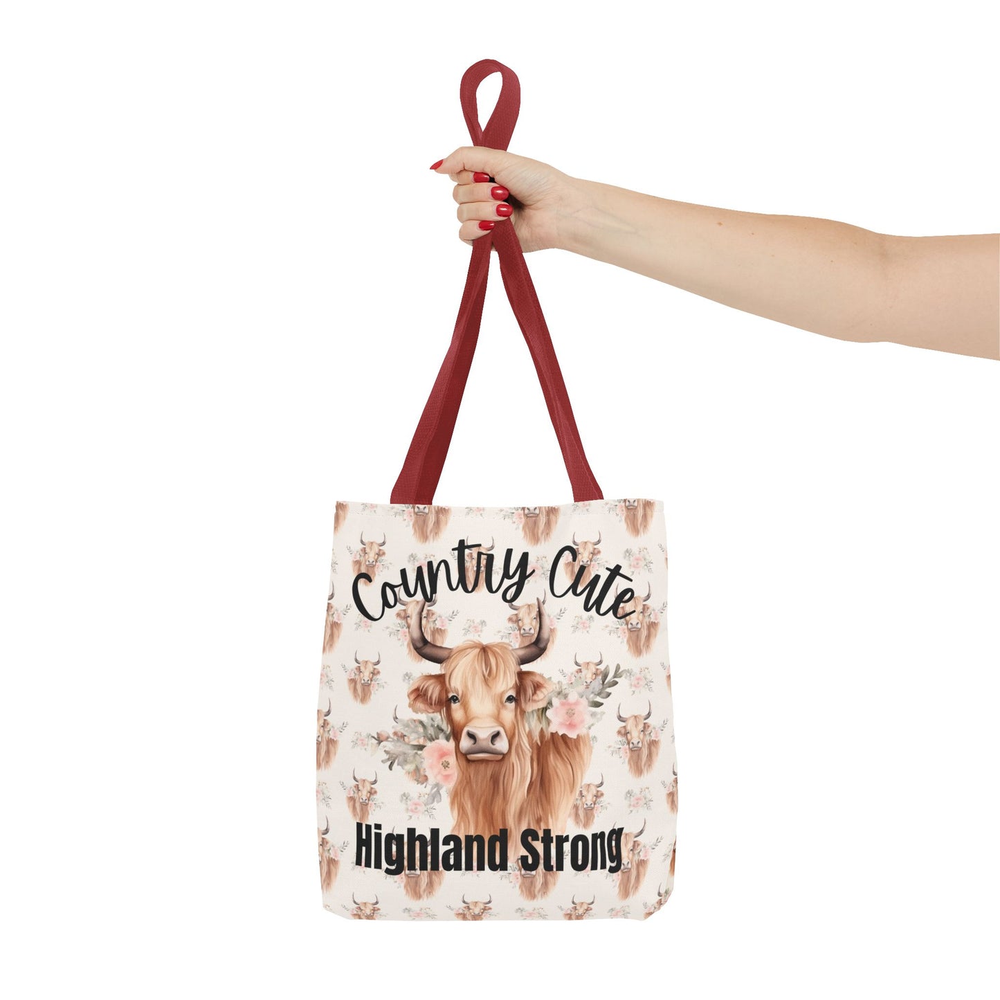 Country Cute, Highland Strong Tote Bag – Floral Highland Cow All-Over Print