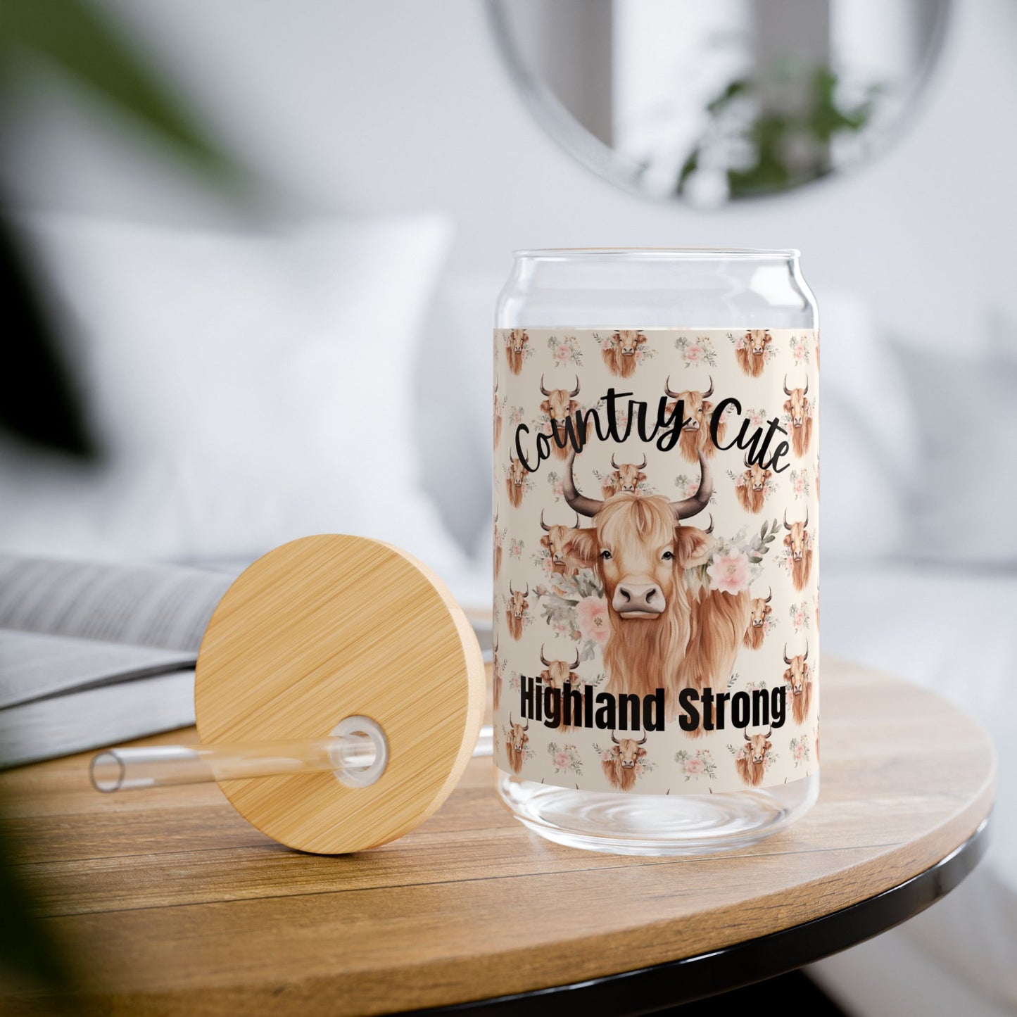 Country Cute, Highland Strong Glass Tumbler – Floral Highland Cow with Bamboo Lid & Straw
