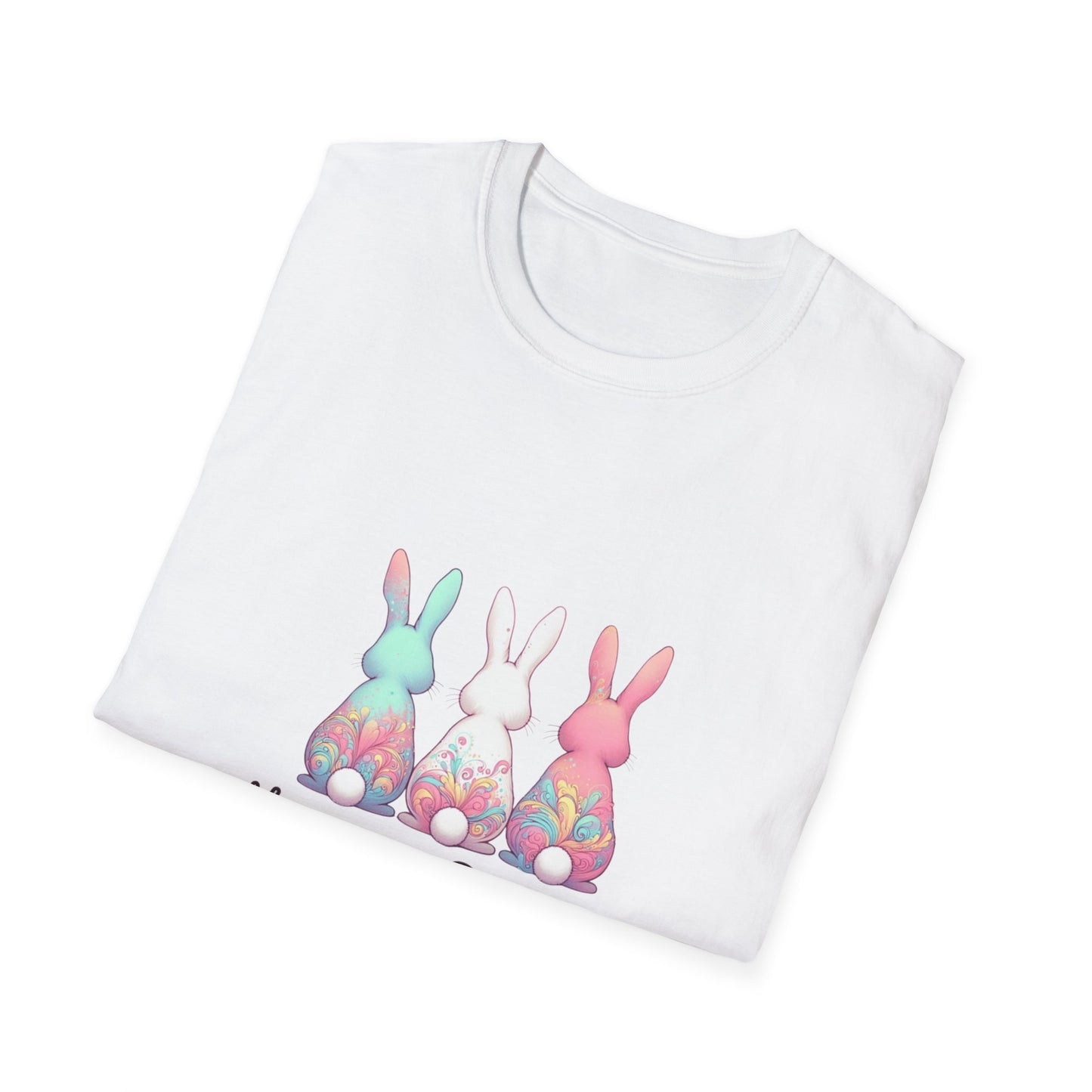 Happy Easter Unisex Softstyle T-Shirt - Cute Bunny Design - Blue Lettering