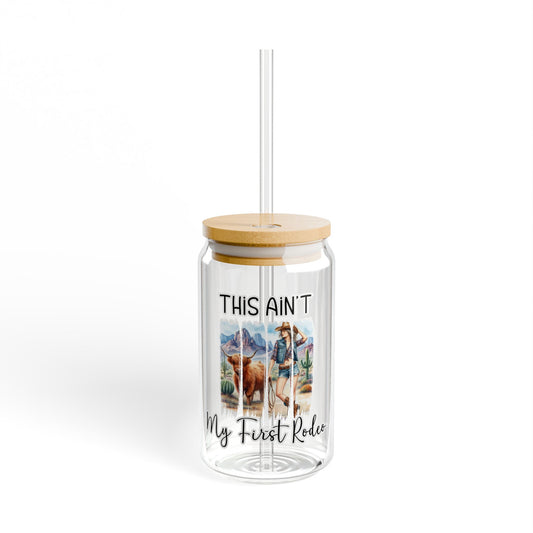 This Ain’t My First Rodeo – Western Cowgirl Glass Tumbler with Bamboo Lid & Straw