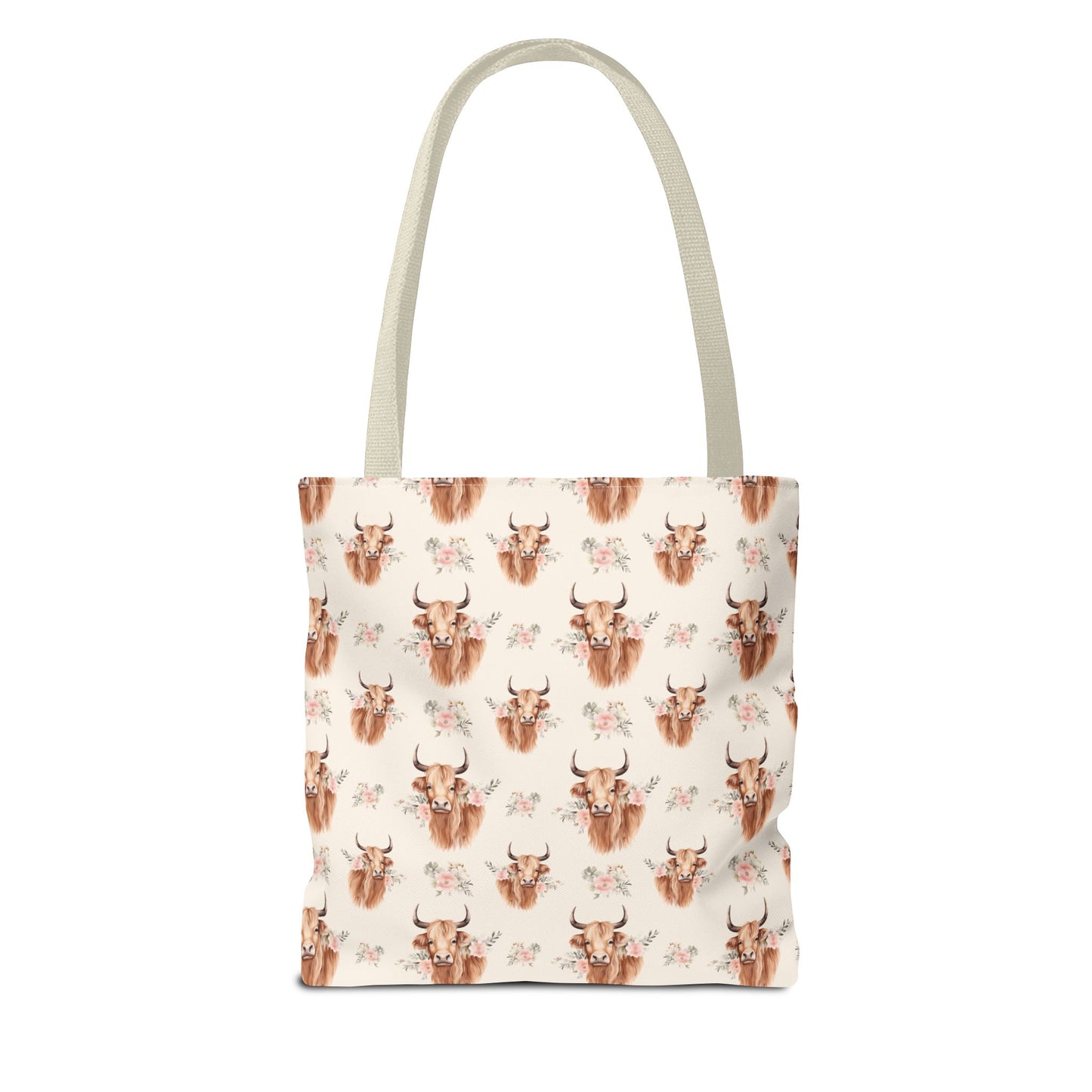 Country Cute, Highland Strong Tote Bag – Floral Highland Cow All-Over Print