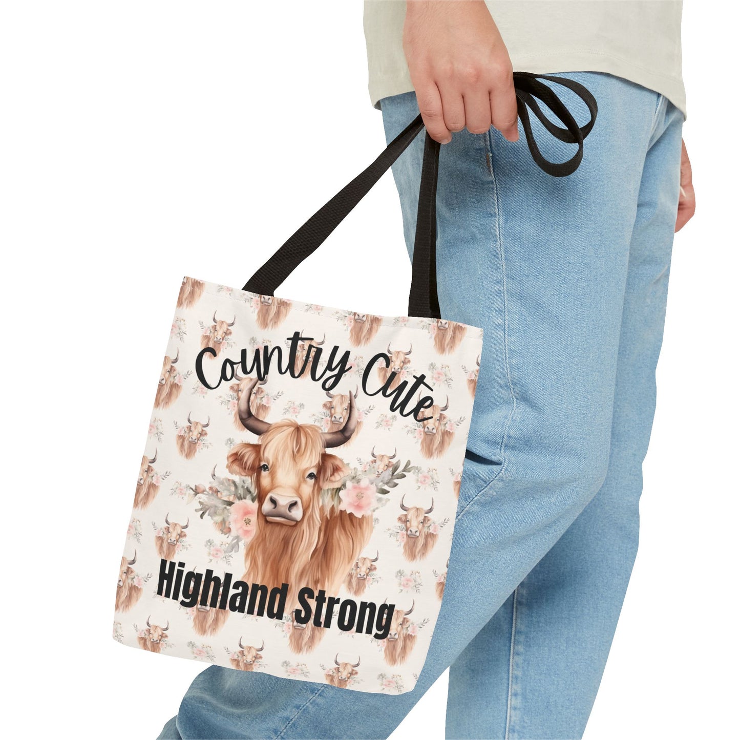 Country Cute, Highland Strong Tote Bag – Floral Highland Cow All-Over Print