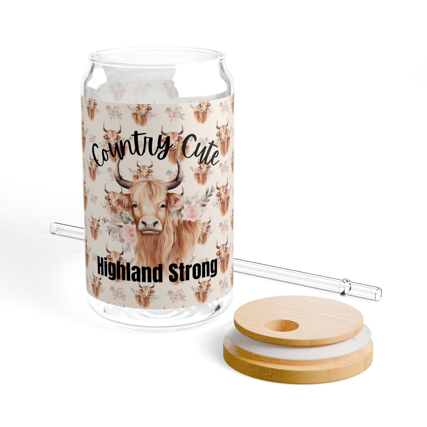 Country Cute, Highland Strong Glass Tumbler – Floral Highland Cow with Bamboo Lid & Straw