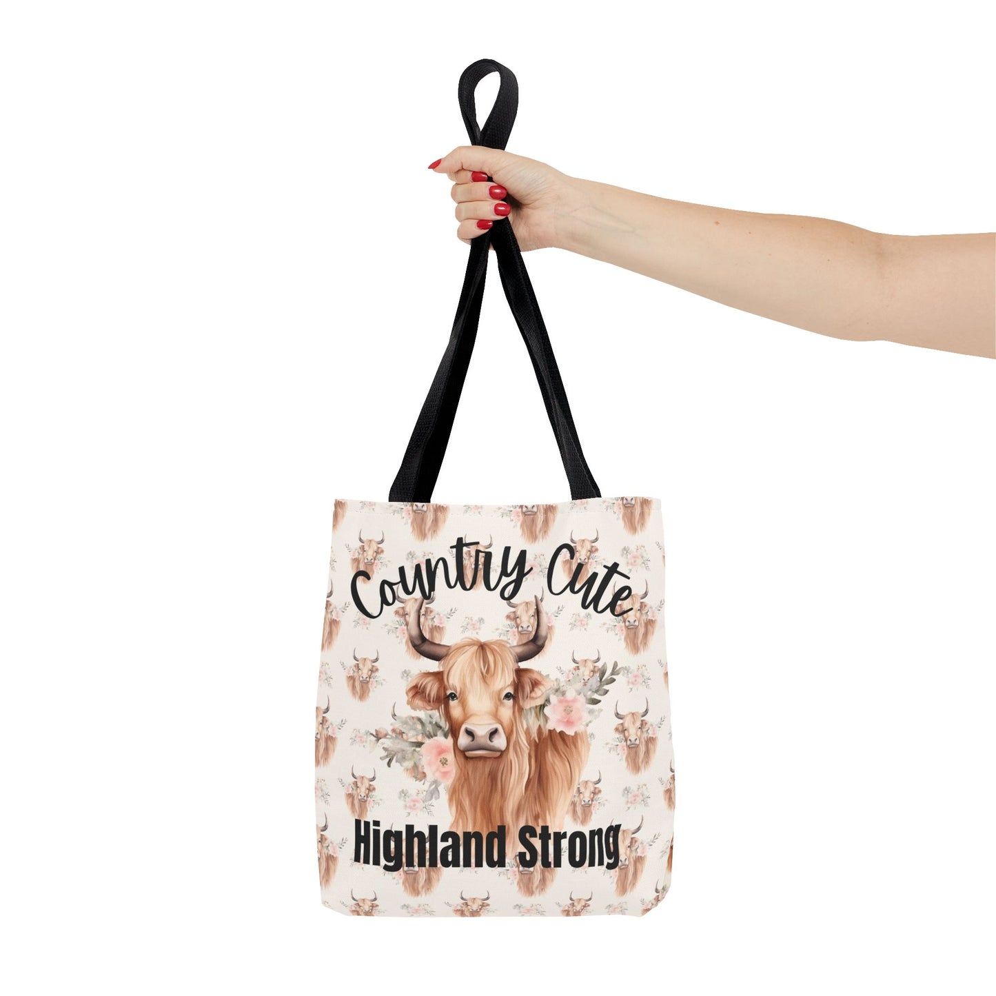 Country Cute, Highland Strong Tote Bag – Floral Highland Cow All-Over Print