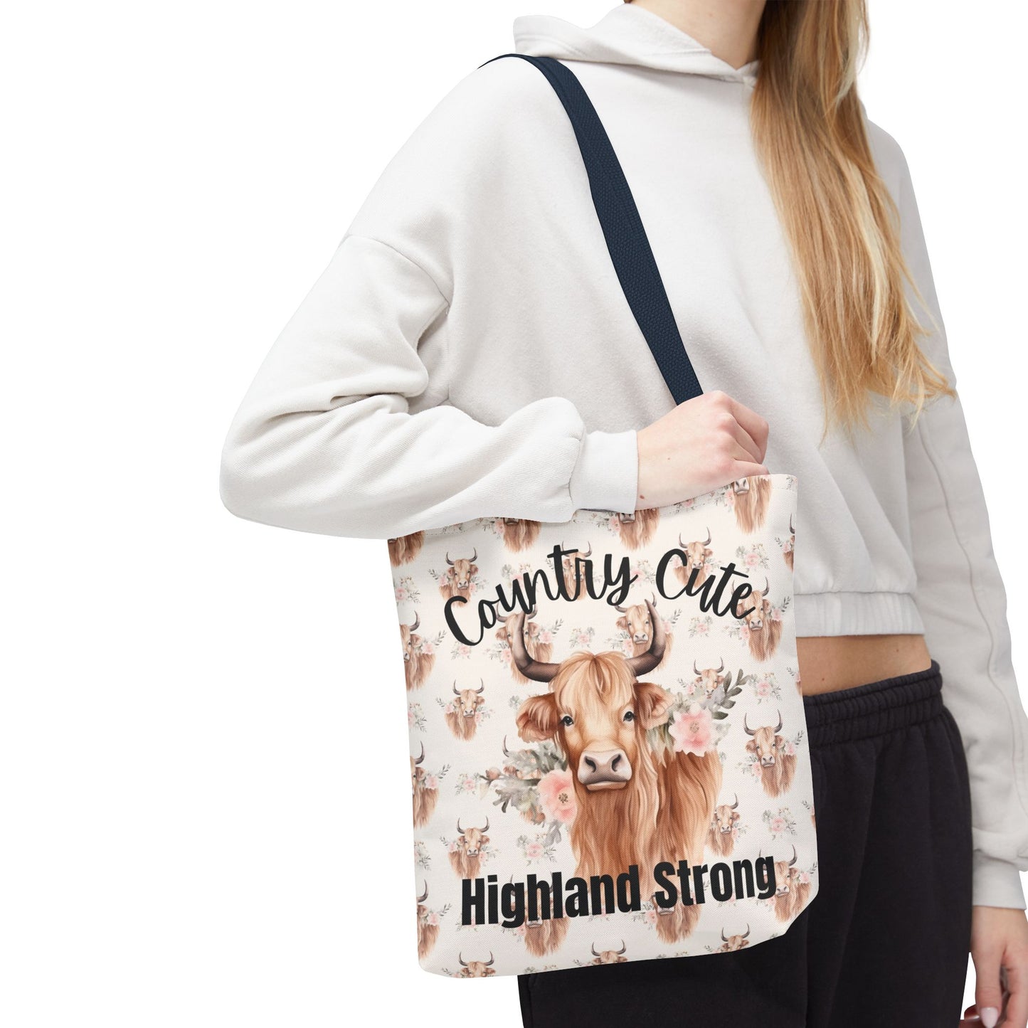 Country Cute, Highland Strong Tote Bag – Floral Highland Cow All-Over Print