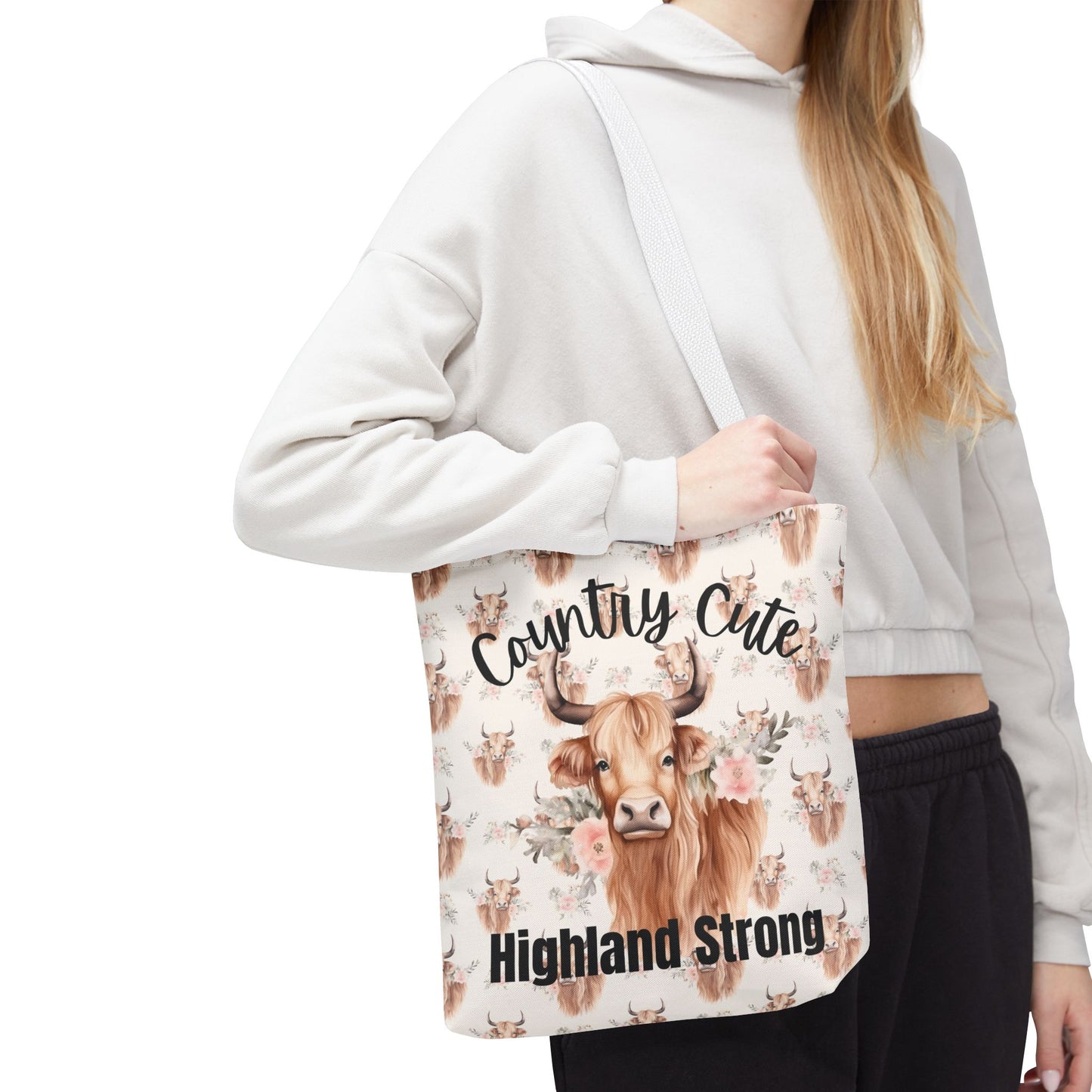 Country Cute, Highland Strong Tote Bag – Floral Highland Cow All-Over Print