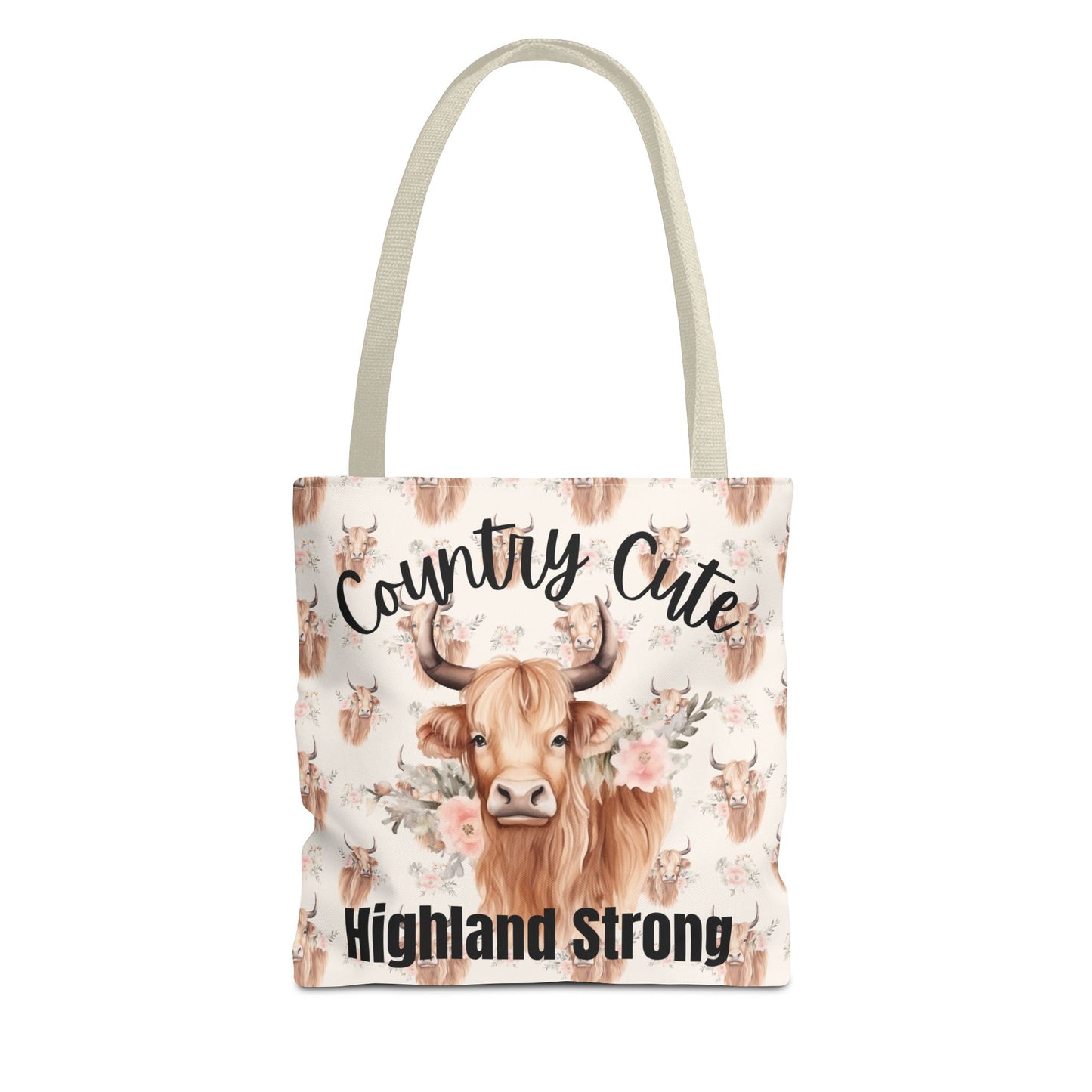 Country Cute, Highland Strong Tote Bag – Floral Highland Cow All-Over Print