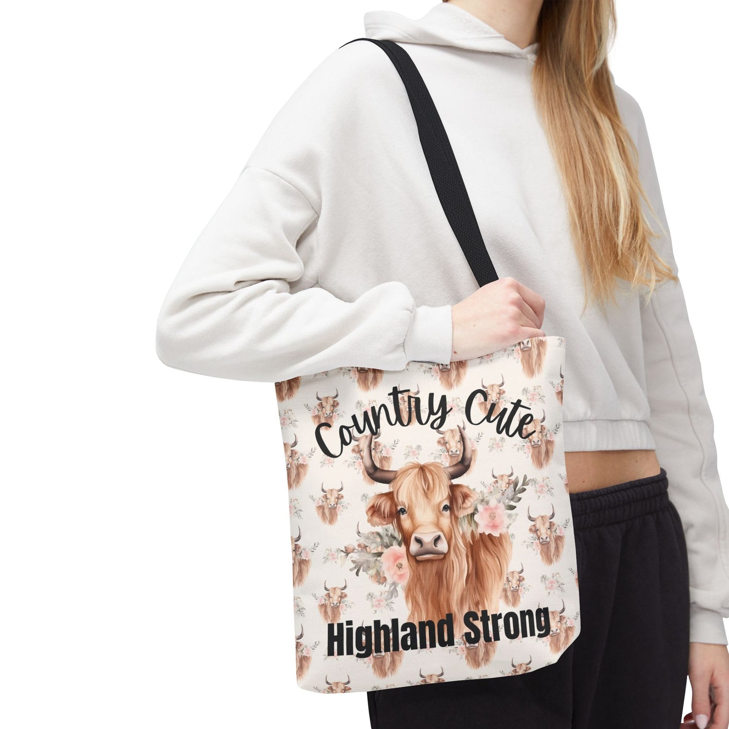 Country Cute, Highland Strong Tote Bag – Floral Highland Cow All-Over Print