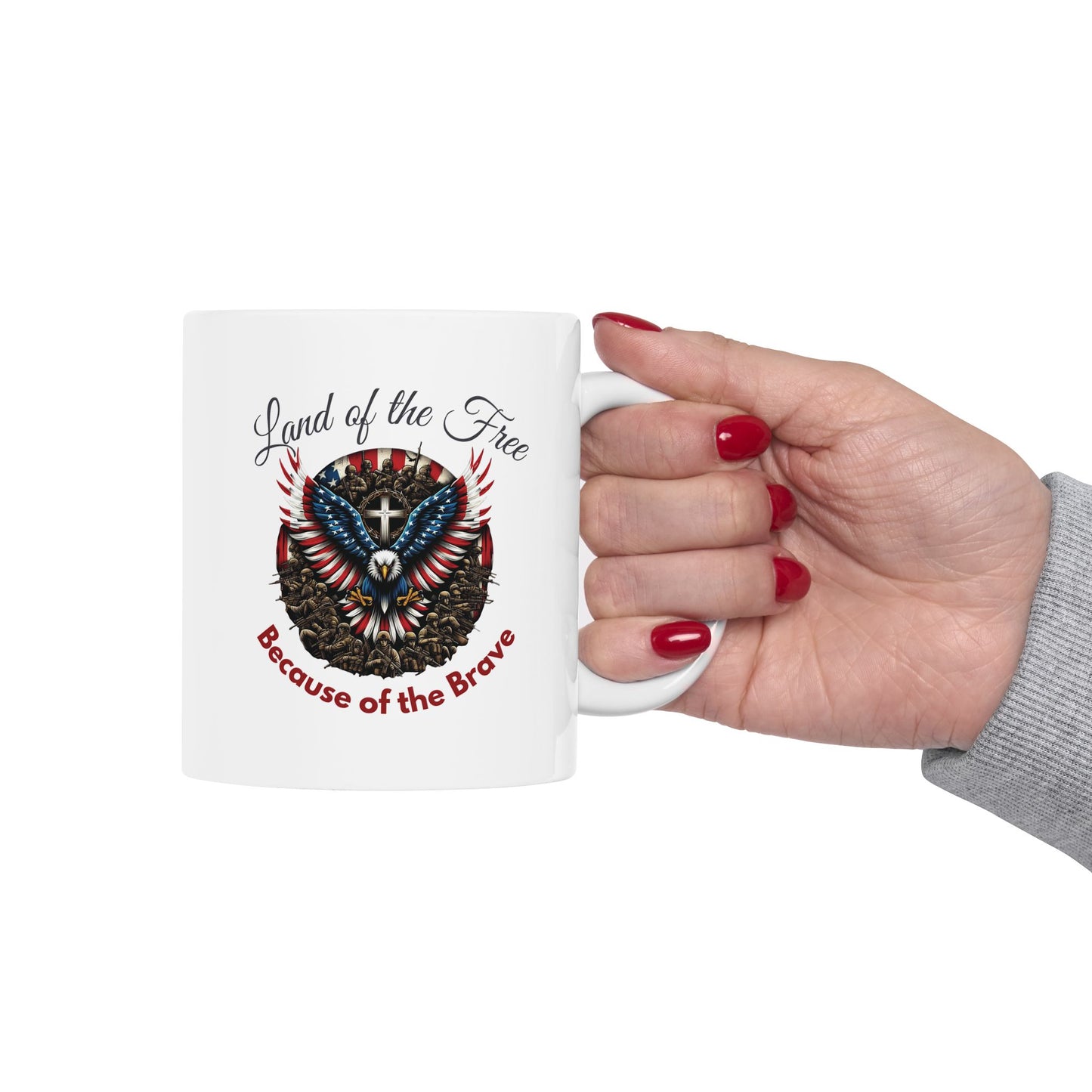 Patriotic Eagle Coffee Mug | Land of the Free Because of the Brave | American Flag Cross Soldiers Mug | Memorial Day Veterans Day Gift - 11oz