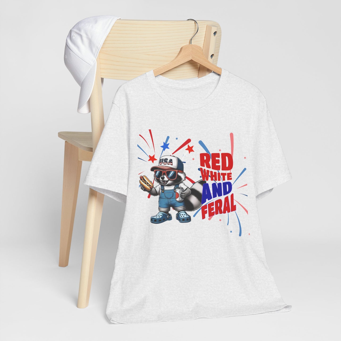 Red, White, and Feral – Funny Patriotic Raccoon T-Shirt