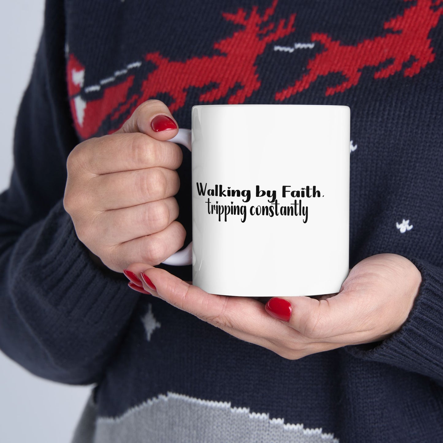 Walking by Faith Tripping Constantly Mug | Funny Christian Coffee Cup | Grace Over Perfection Gift for Women | Faith Humor Mug