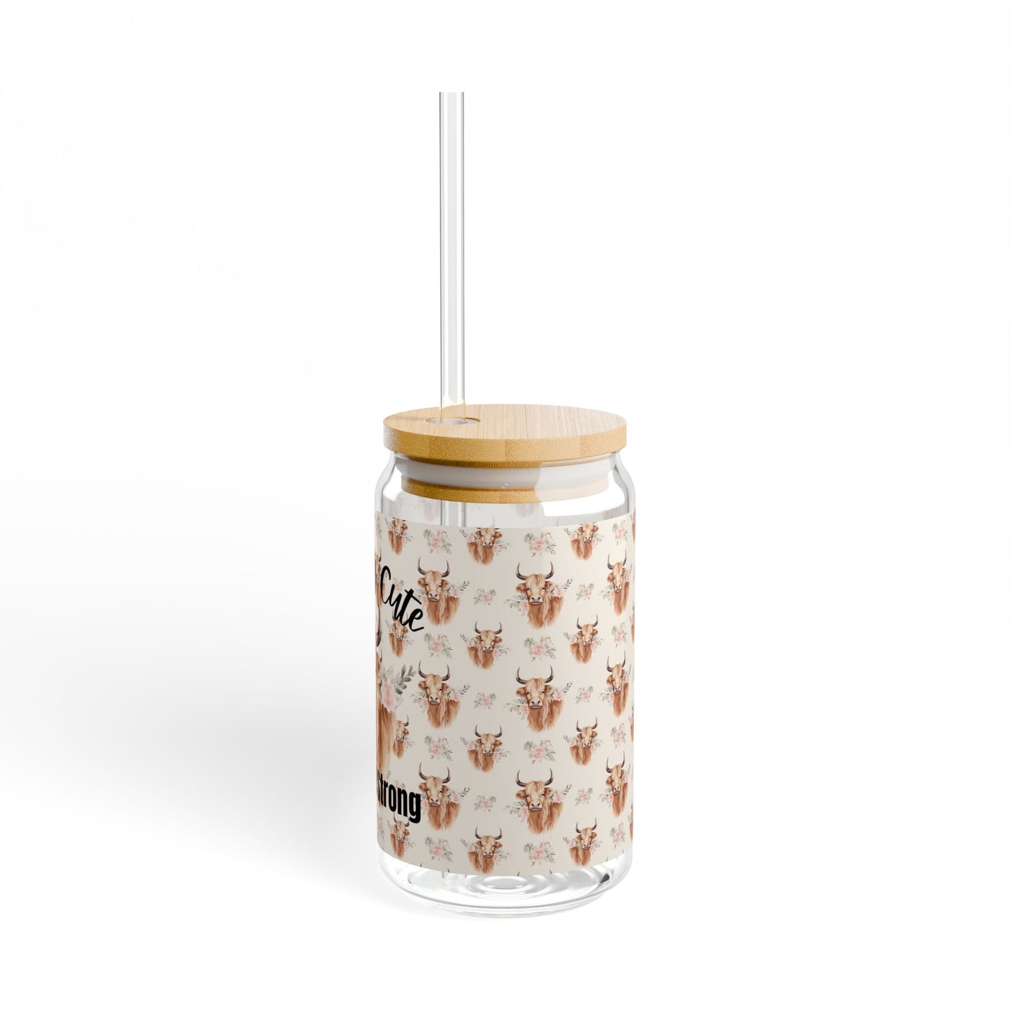 Country Cute, Highland Strong Glass Tumbler – Floral Highland Cow with Bamboo Lid & Straw