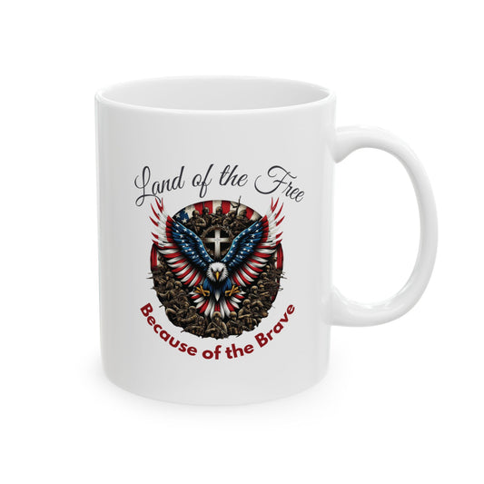 Patriotic Eagle Coffee Mug | Land of the Free Because of the Brave | American Flag Cross Soldiers Mug | Memorial Day Veterans Day Gift - 11oz