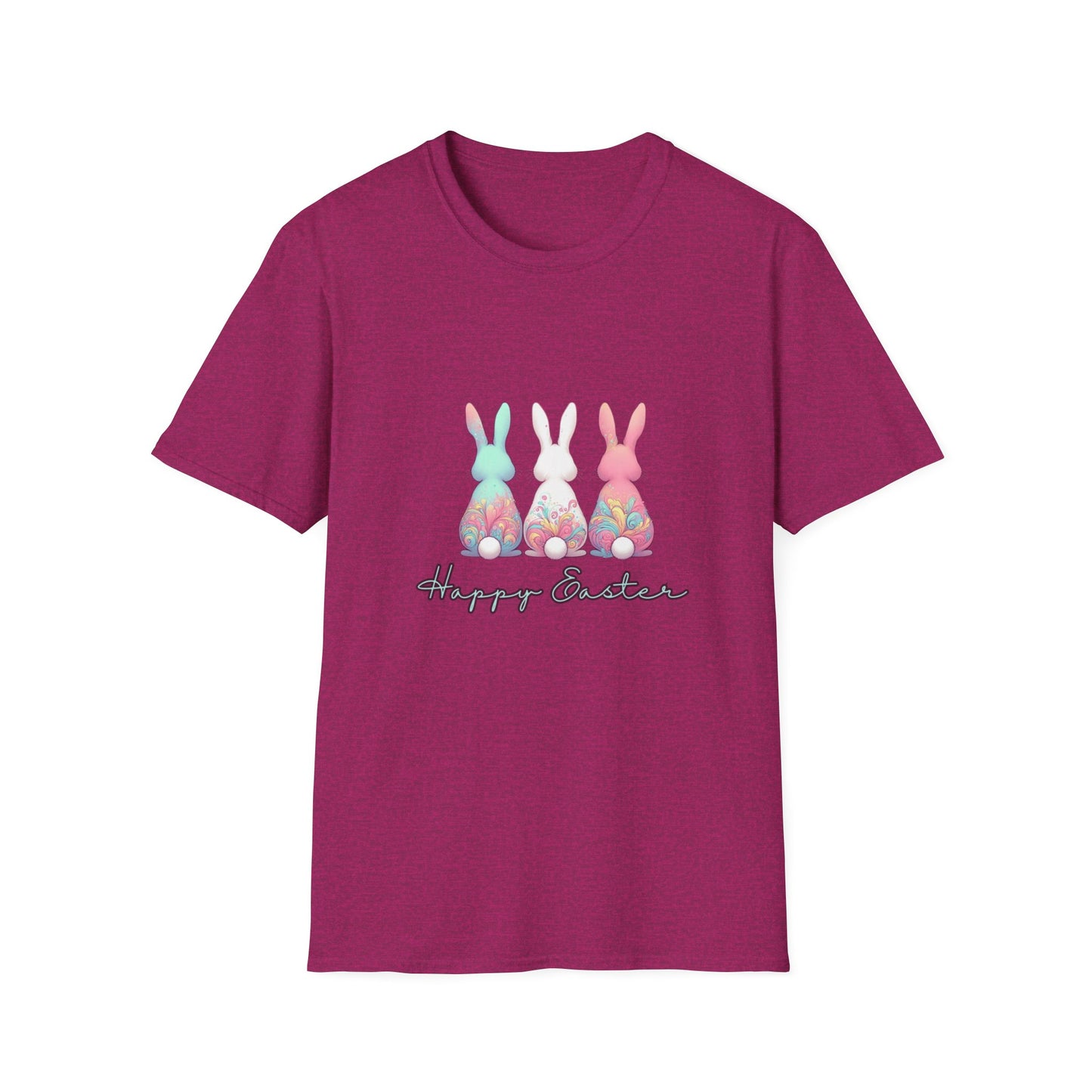 Happy Easter Unisex Softstyle T-Shirt - Cute Bunny Design - Blue Lettering
