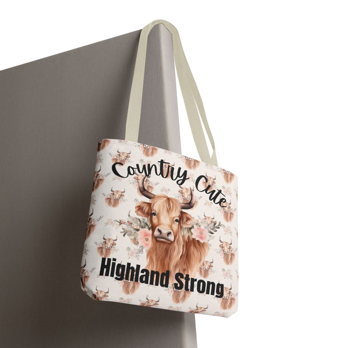 Country Cute, Highland Strong Tote Bag – Floral Highland Cow All-Over Print