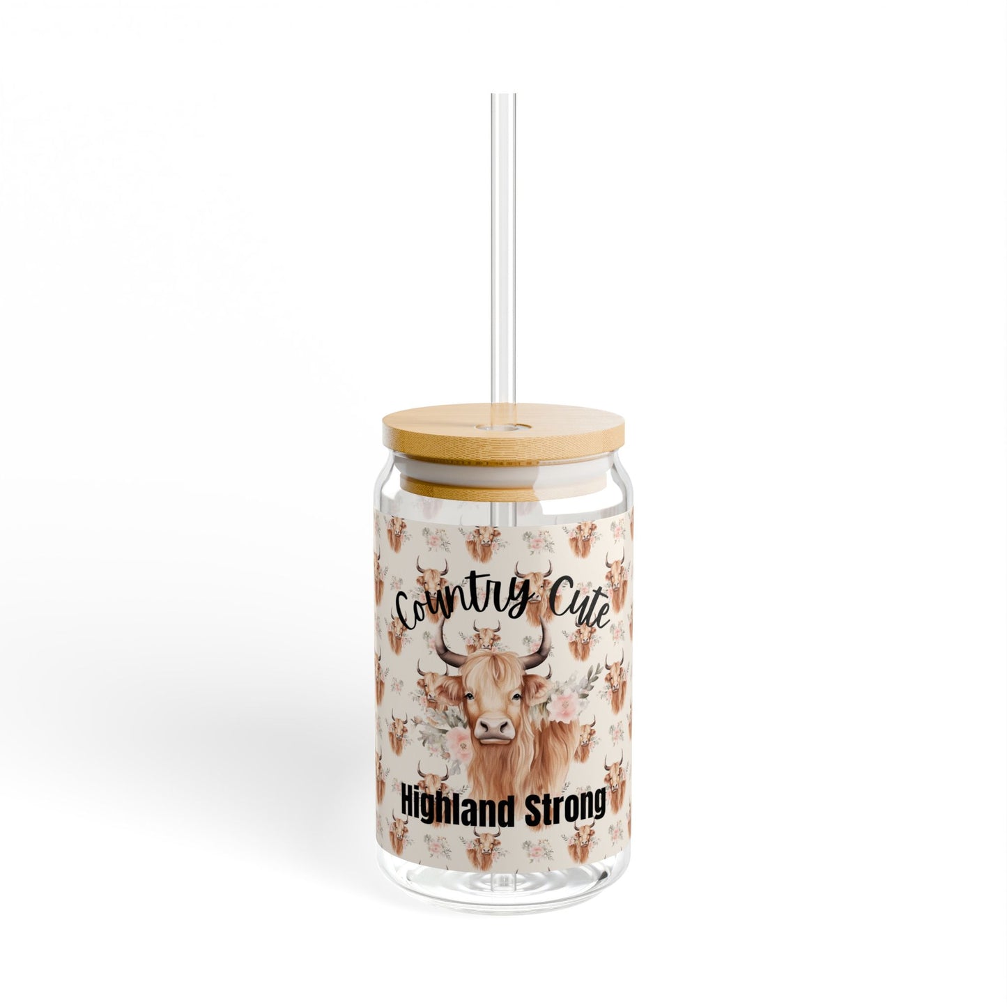 Country Cute, Highland Strong Glass Tumbler – Floral Highland Cow with Bamboo Lid & Straw