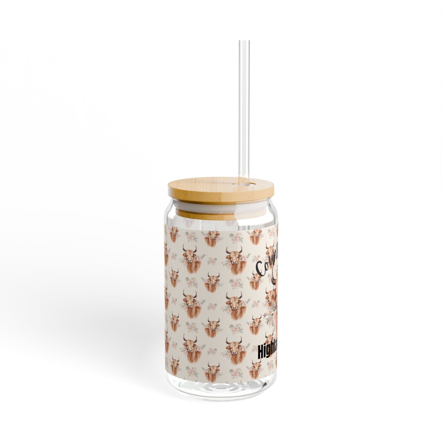 Country Cute, Highland Strong Glass Tumbler – Floral Highland Cow with Bamboo Lid & Straw