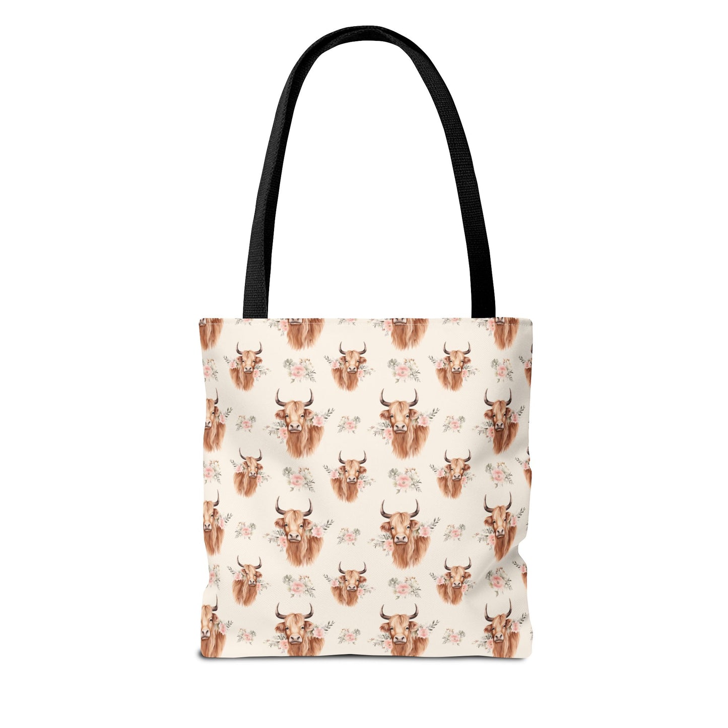 Country Cute, Highland Strong Tote Bag – Floral Highland Cow All-Over Print