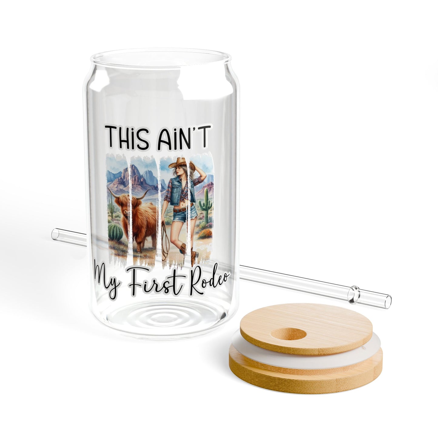 This Ain’t My First Rodeo – Western Cowgirl Glass Tumbler with Bamboo Lid & Straw