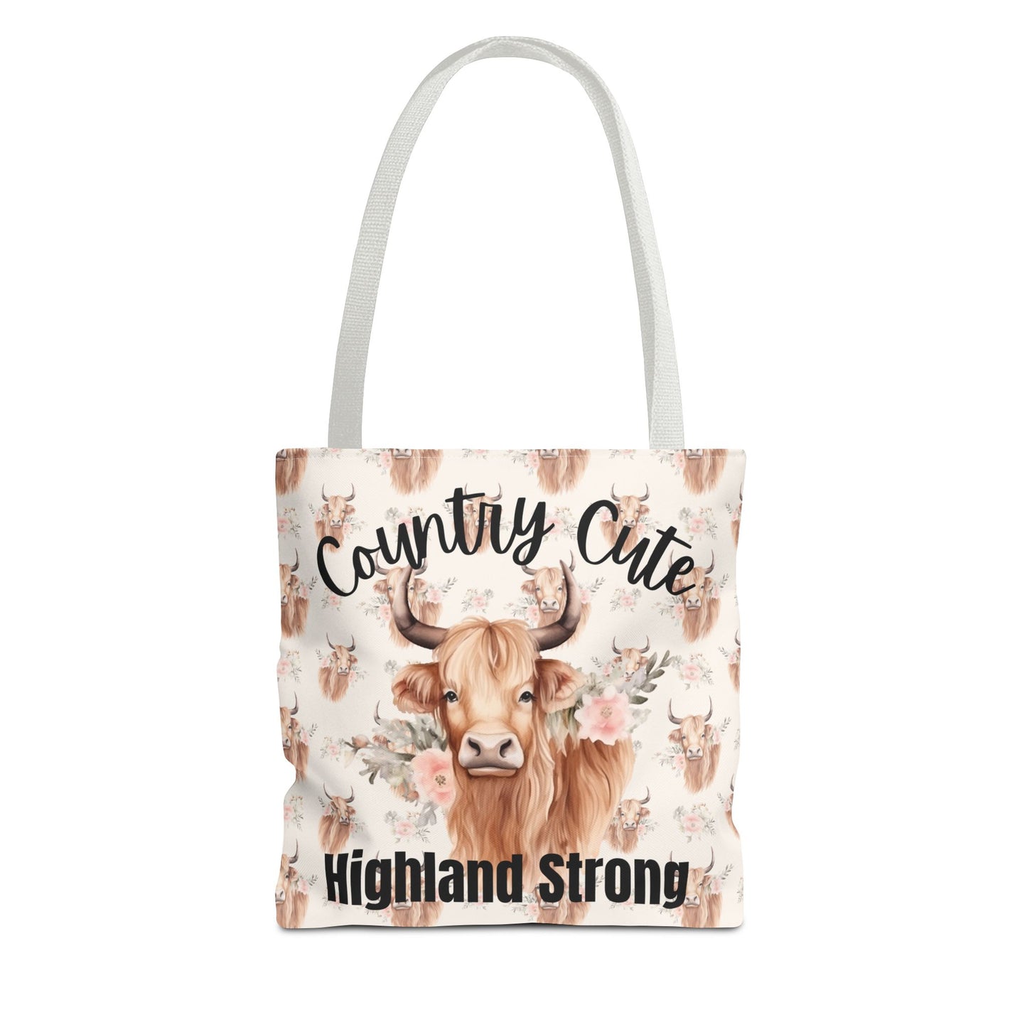 Country Cute, Highland Strong Tote Bag – Floral Highland Cow All-Over Print