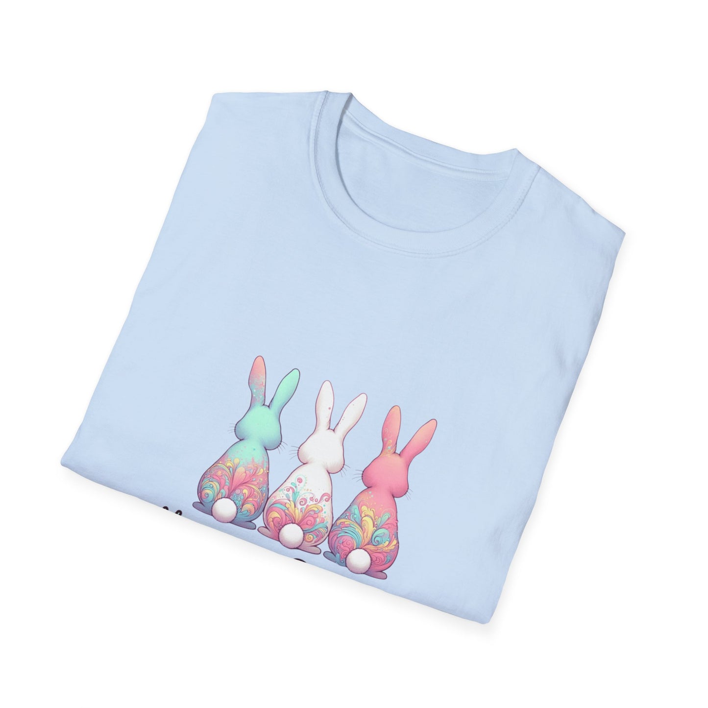 Happy Easter Unisex Softstyle T-Shirt - Cute Bunny Design - Blue Lettering
