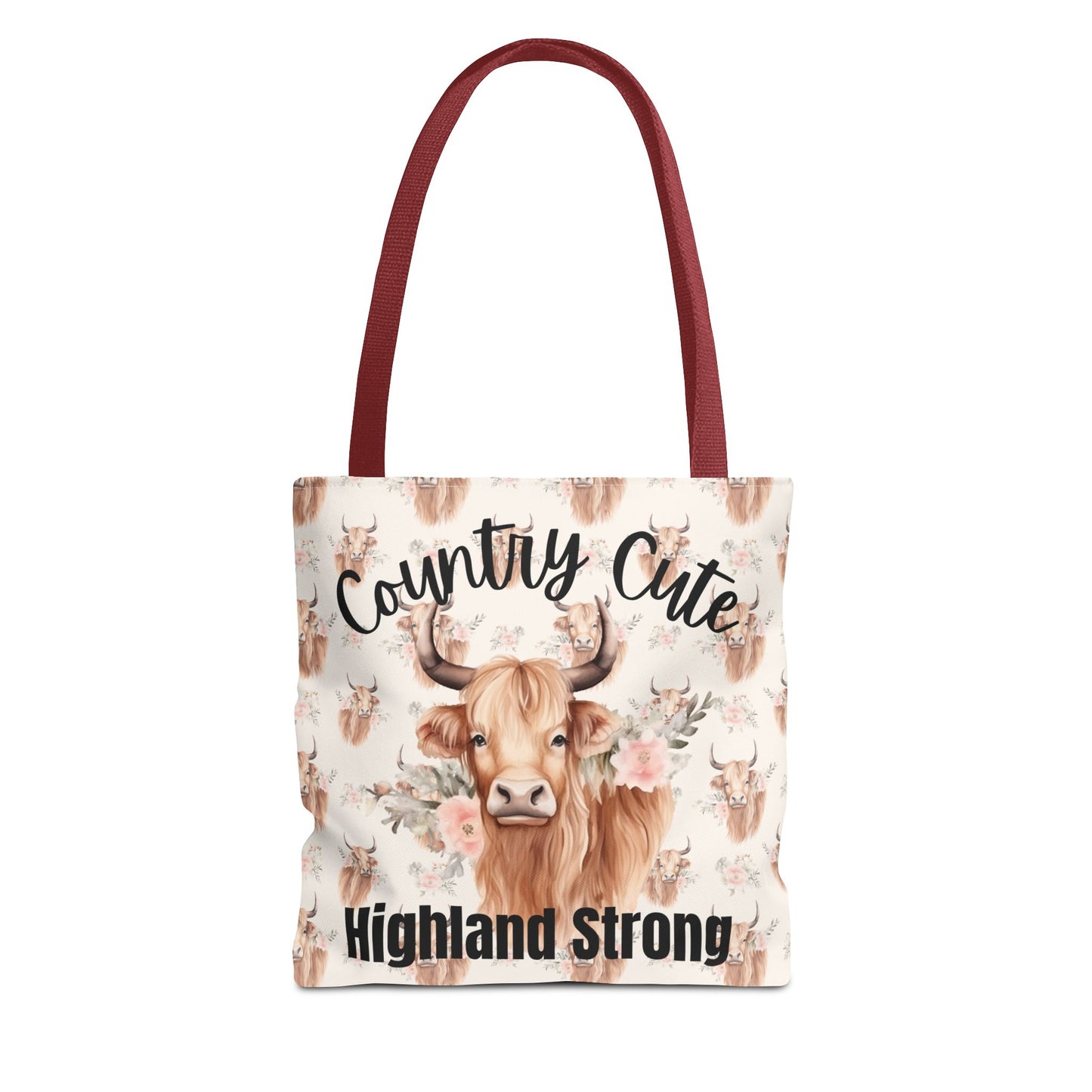 Country Cute, Highland Strong Tote Bag – Floral Highland Cow All-Over Print