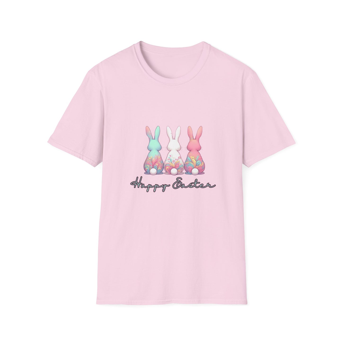 Happy Easter Unisex Softstyle T-Shirt - Cute Bunny Design - Pink lettering