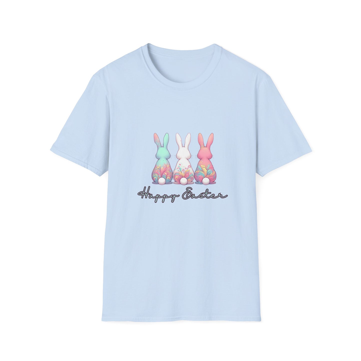 Happy Easter Unisex Softstyle T-Shirt - Cute Bunny Design - Pink lettering