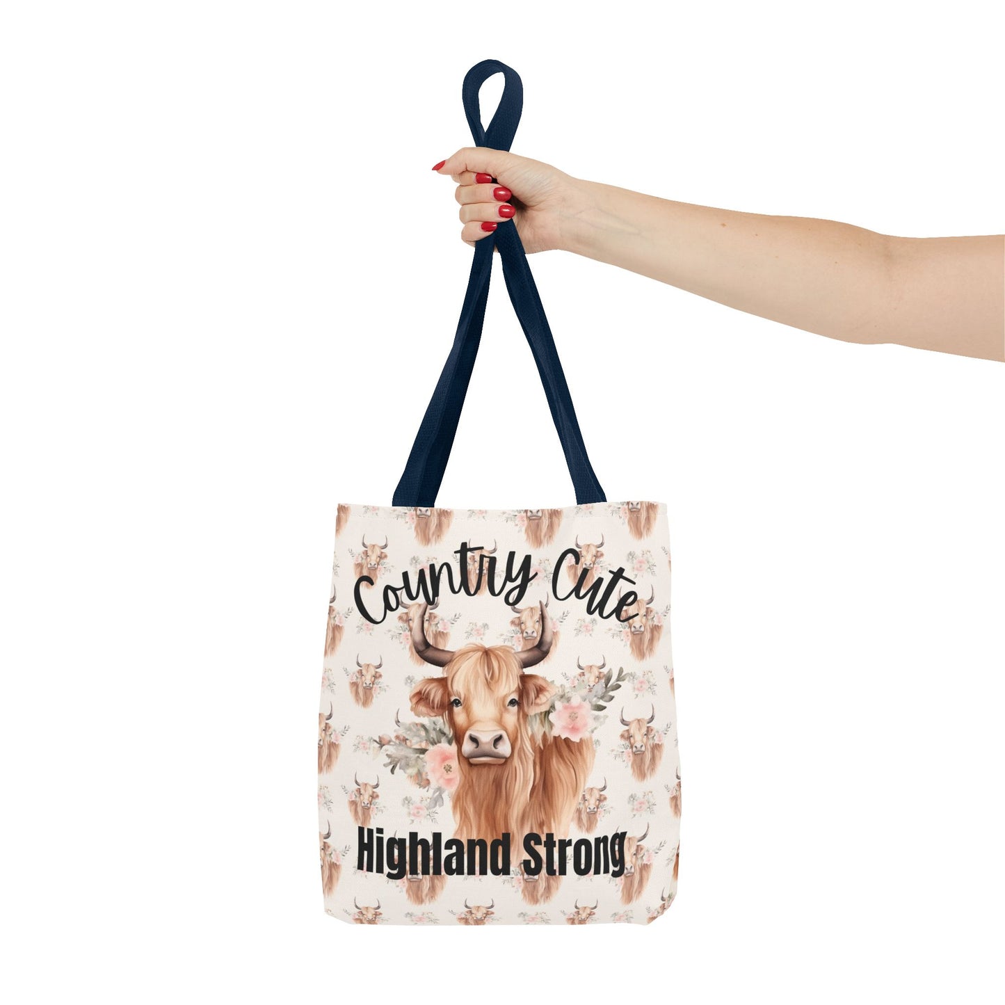 Country Cute, Highland Strong Tote Bag – Floral Highland Cow All-Over Print