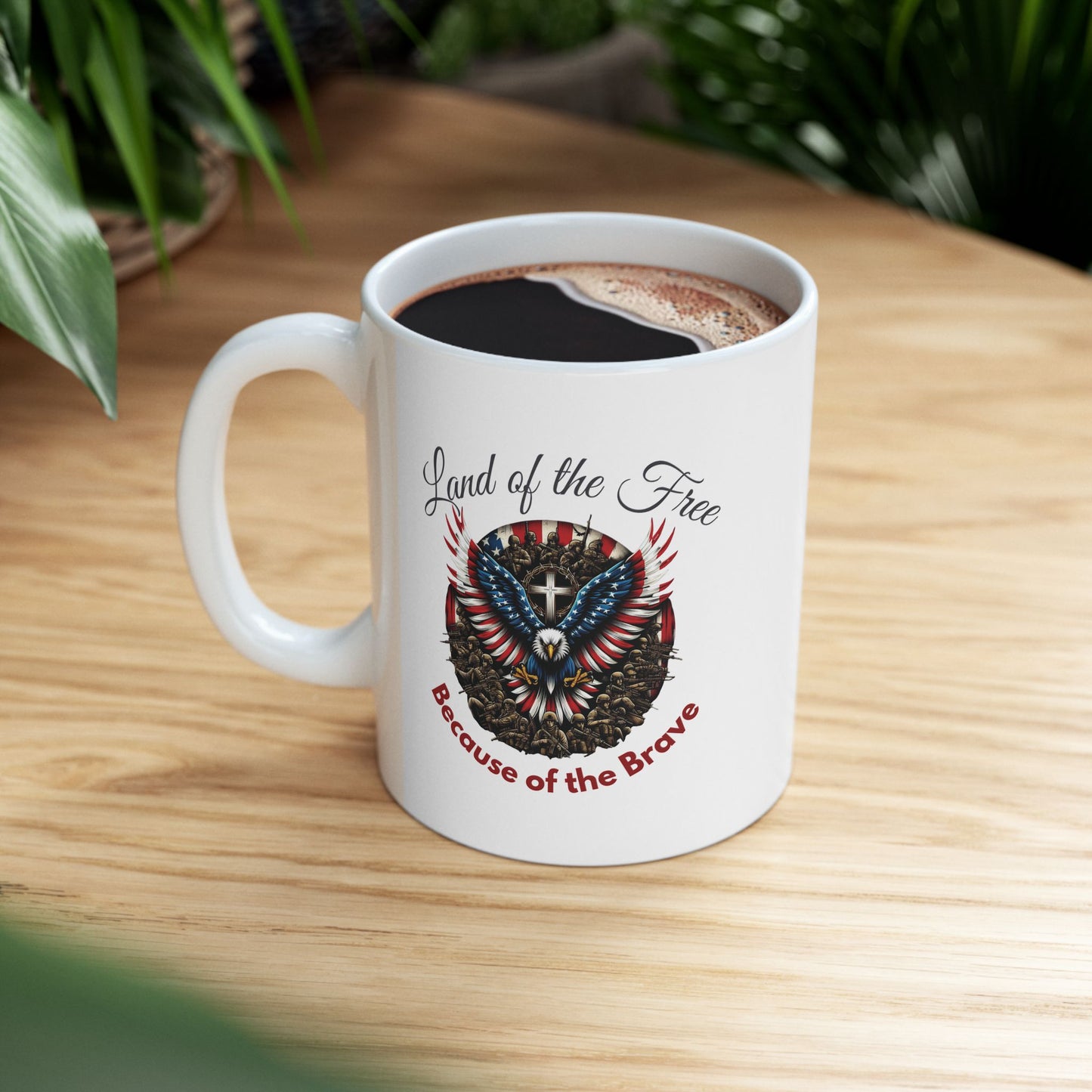 Patriotic Eagle Coffee Mug | Land of the Free Because of the Brave | American Flag Cross Soldiers Mug | Memorial Day Veterans Day Gift - 11oz