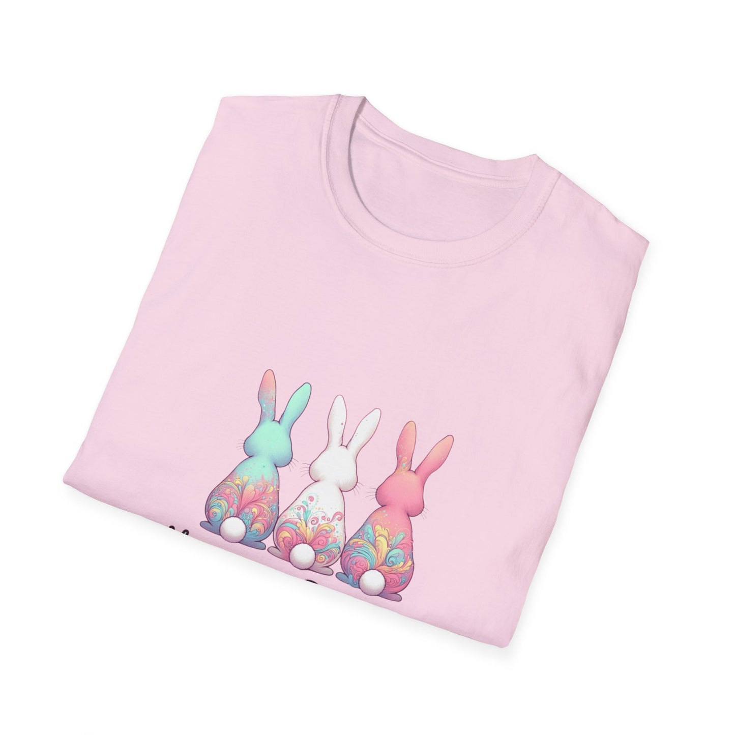 Happy Easter Unisex Softstyle T-Shirt - Cute Bunny Design - Pink lettering