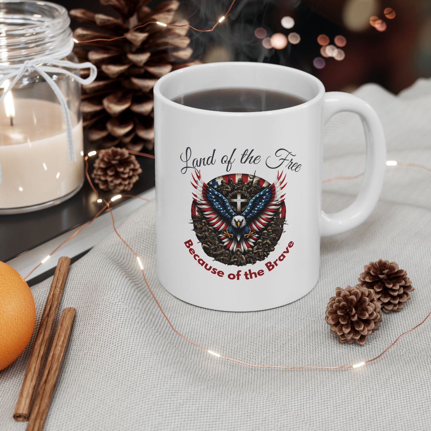 Patriotic Eagle Coffee Mug | Land of the Free Because of the Brave | American Flag Cross Soldiers Mug | Memorial Day Veterans Day Gift - 11oz