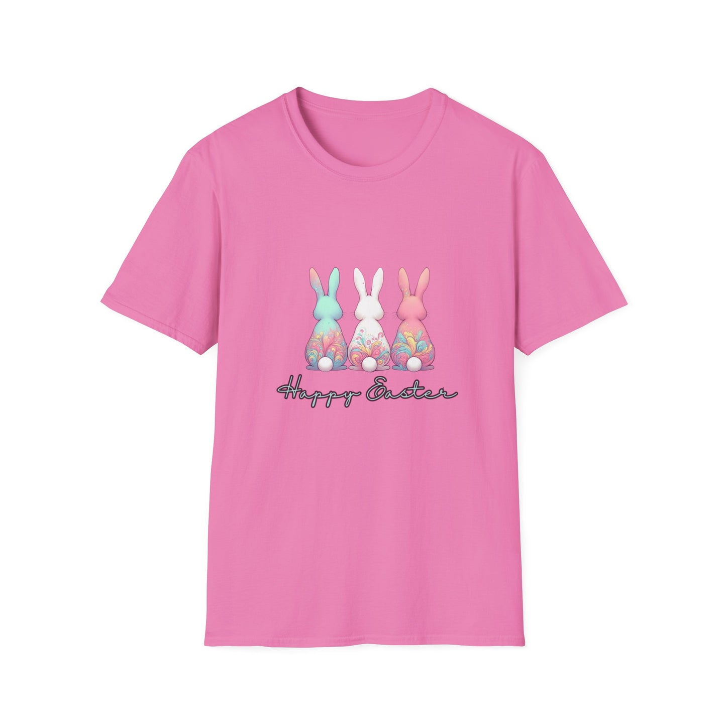 Happy Easter Unisex Softstyle T-Shirt - Cute Bunny Design - Pink lettering