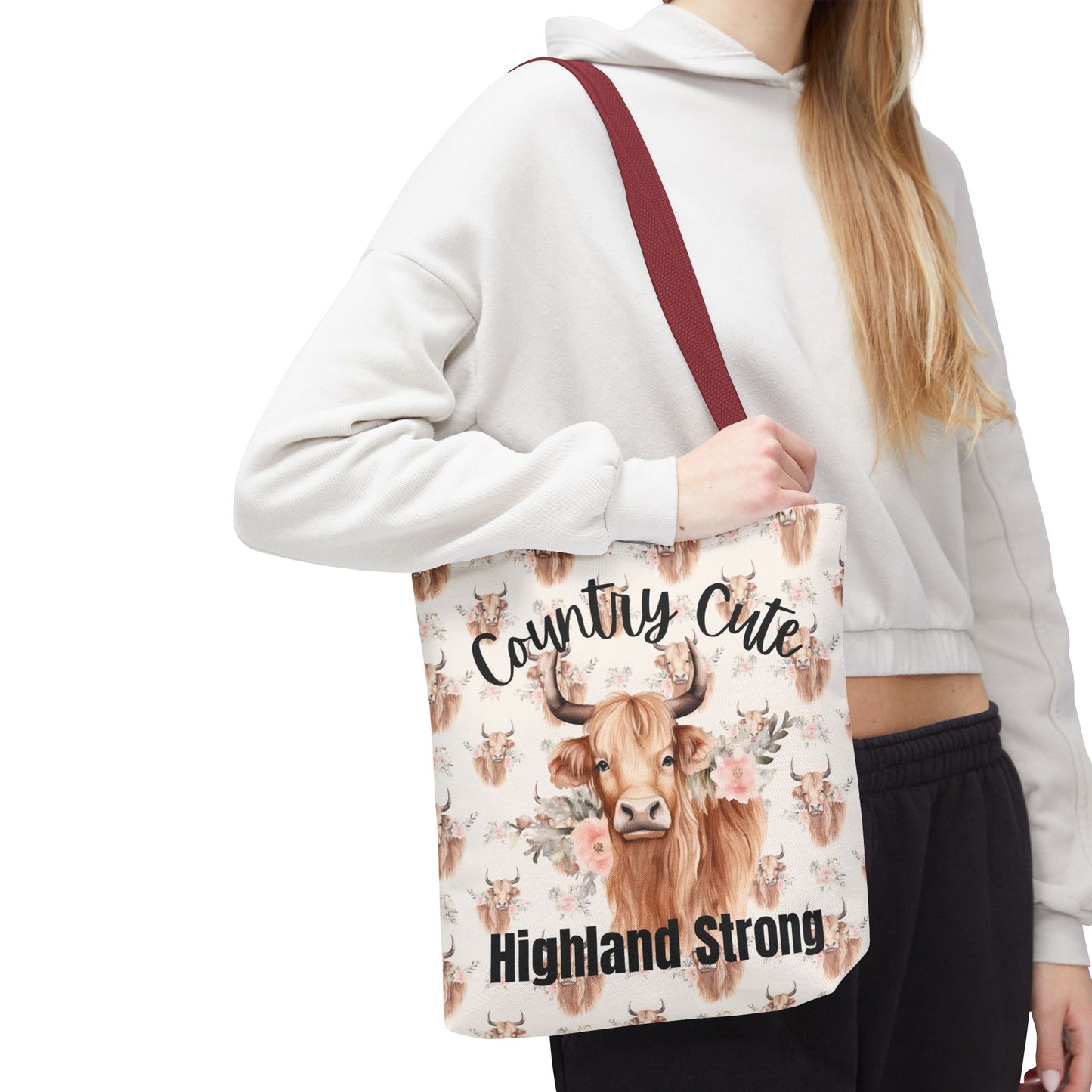 Country Cute, Highland Strong Tote Bag – Floral Highland Cow All-Over Print