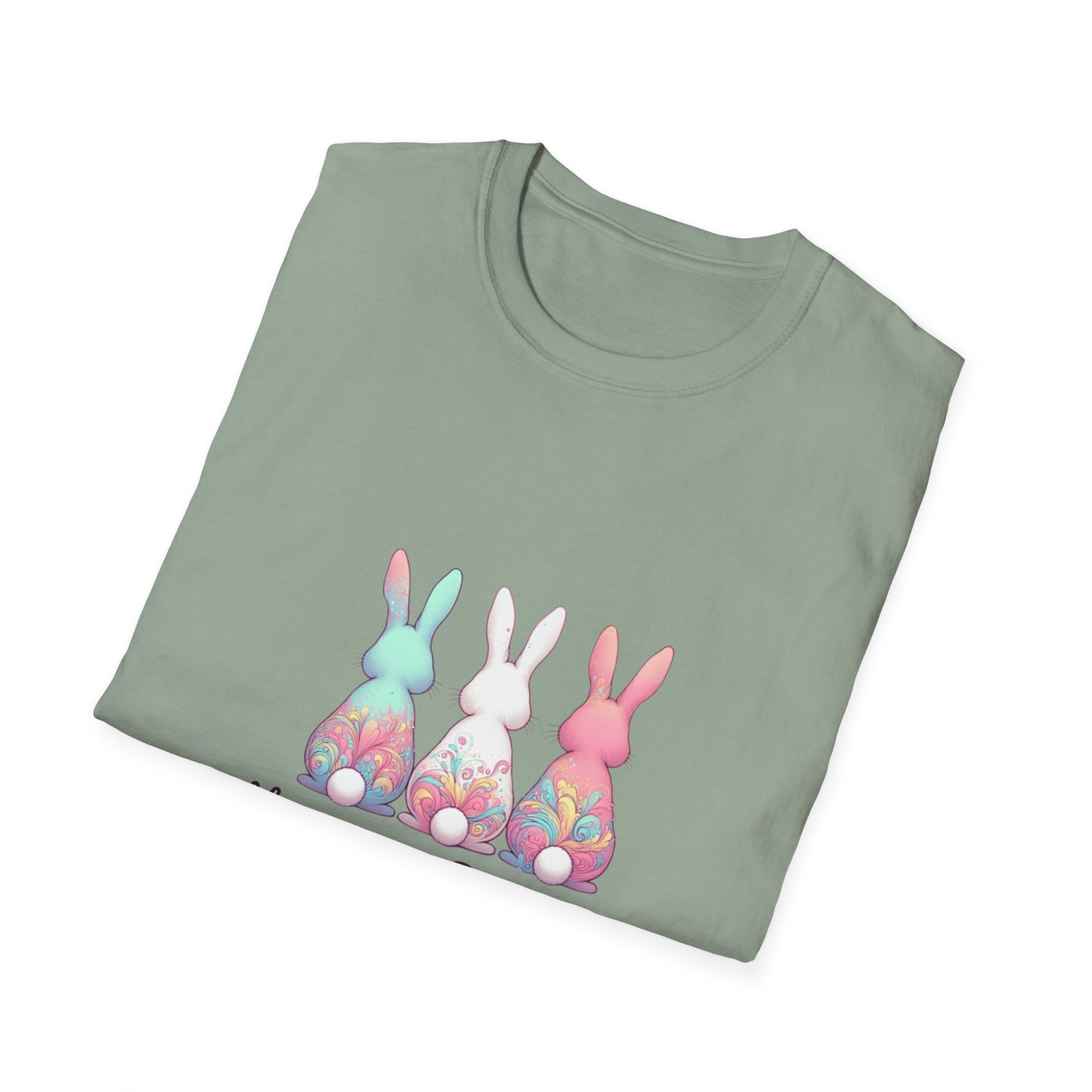 Happy Easter Unisex Softstyle T-Shirt - Cute Bunny Design - Pink lettering