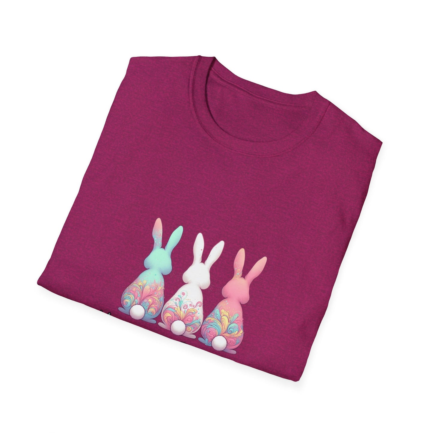 Happy Easter Unisex Softstyle T-Shirt - Cute Bunny Design - Pink lettering