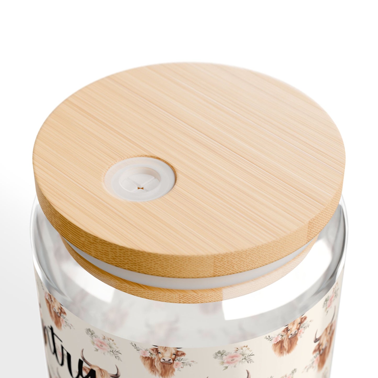 Country Cute, Highland Strong Glass Tumbler – Floral Highland Cow with Bamboo Lid & Straw