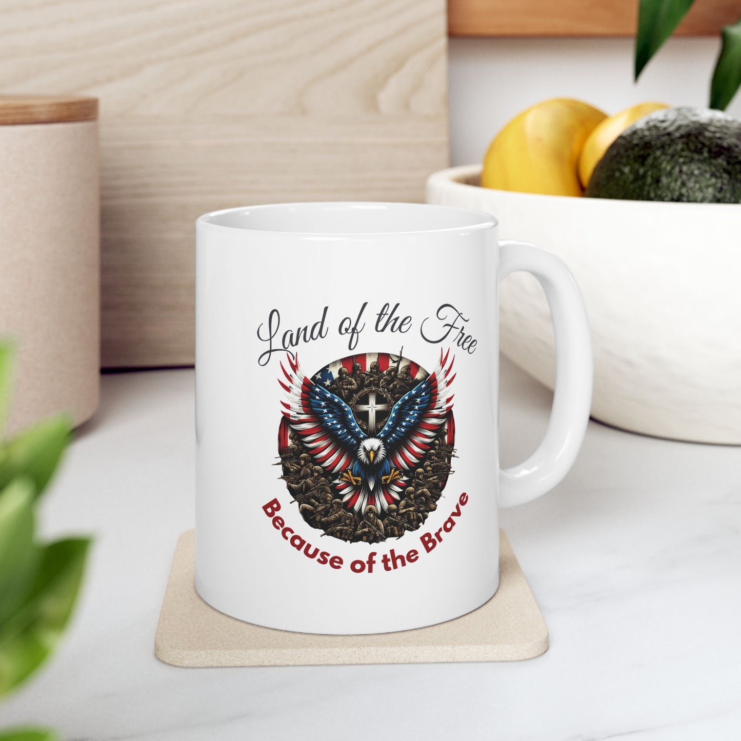 Patriotic Eagle Coffee Mug | Land of the Free Because of the Brave | American Flag Cross Soldiers Mug | Memorial Day Veterans Day Gift - 11oz