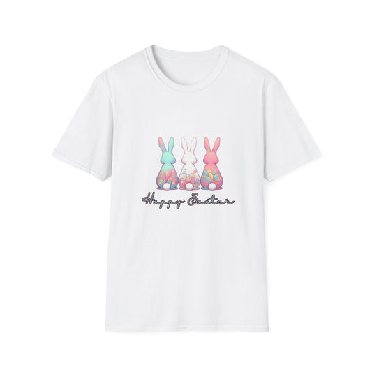 Happy Easter Unisex Softstyle T-Shirt - Cute Bunny Design - Blue Lettering