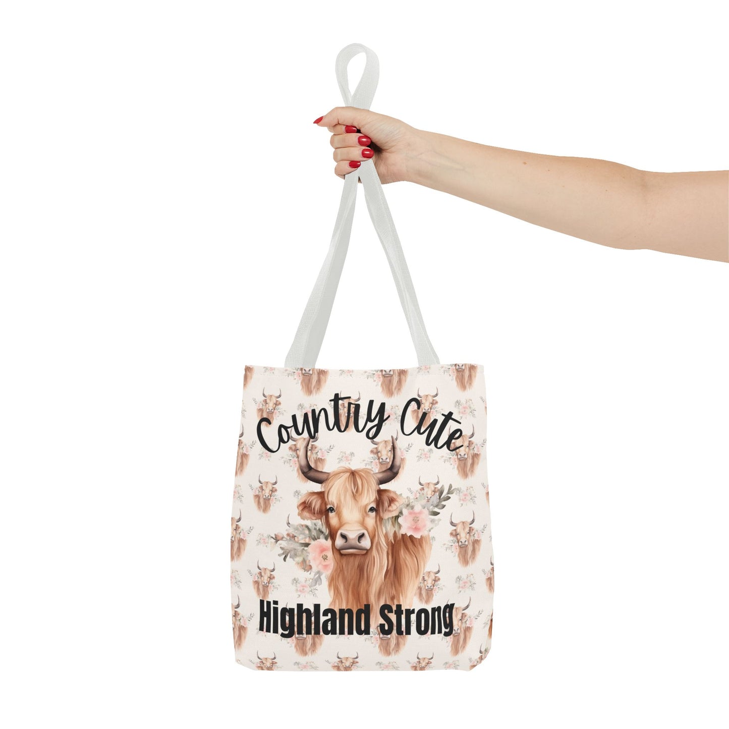 Country Cute, Highland Strong Tote Bag – Floral Highland Cow All-Over Print