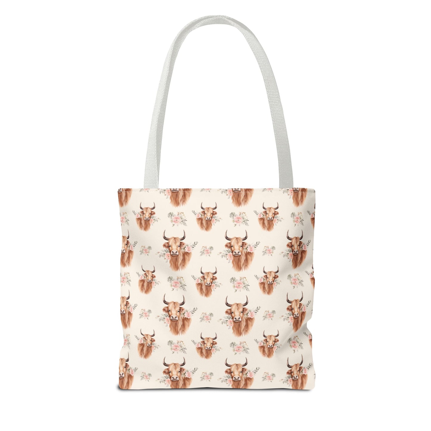 Country Cute, Highland Strong Tote Bag – Floral Highland Cow All-Over Print