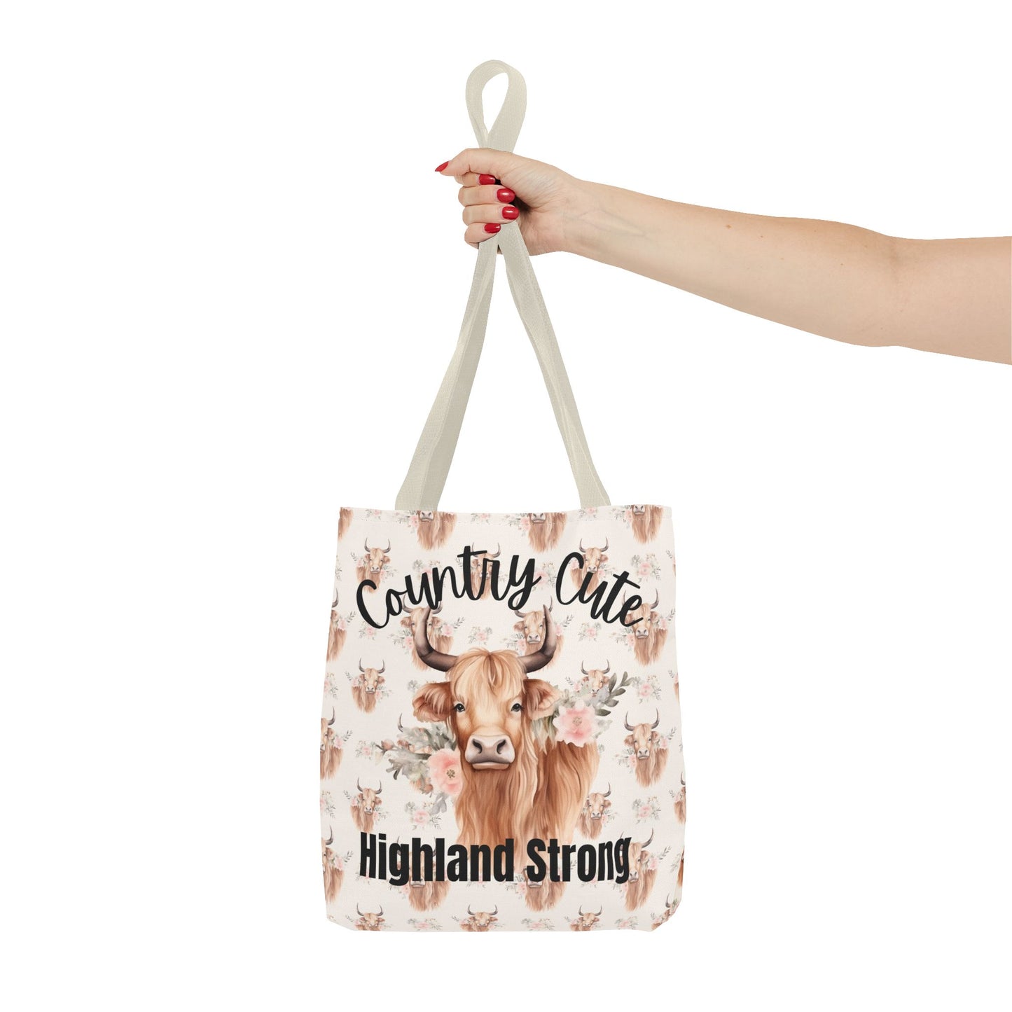 Country Cute, Highland Strong Tote Bag – Floral Highland Cow All-Over Print
