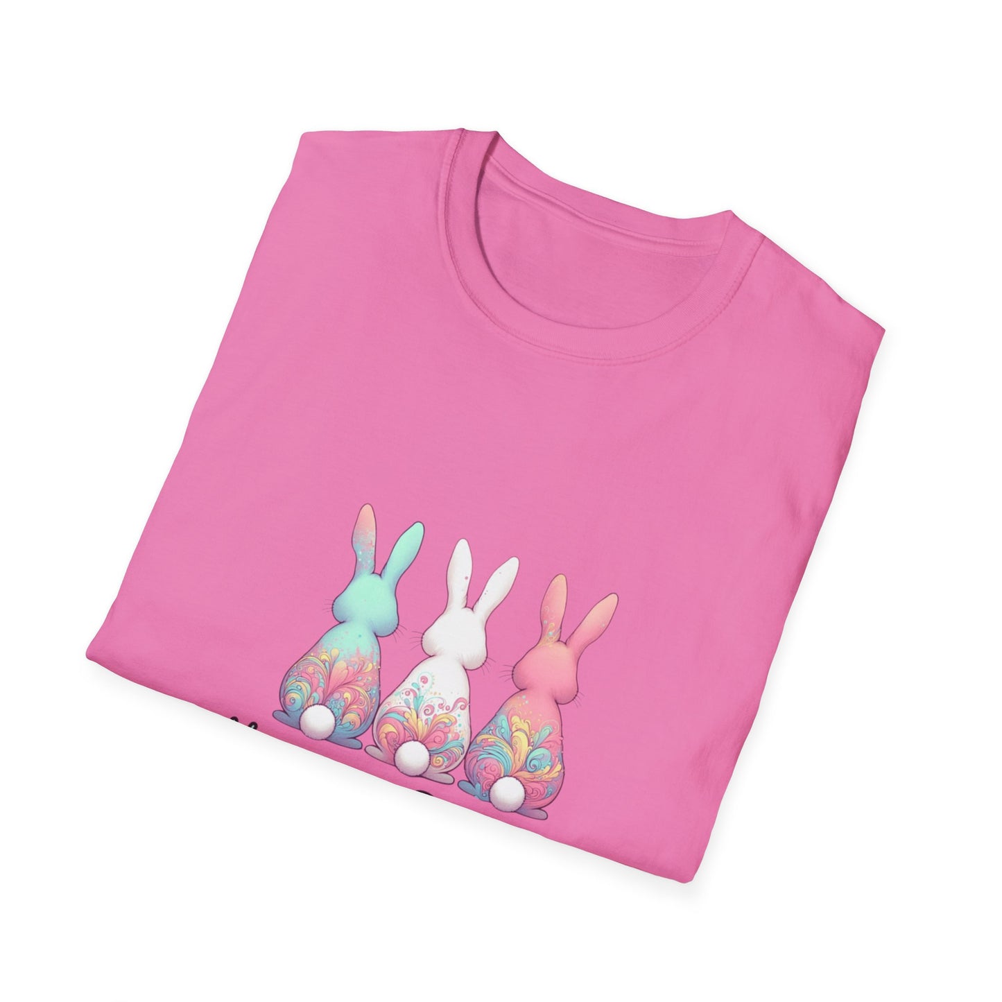 Happy Easter Unisex Softstyle T-Shirt - Cute Bunny Design - Pink lettering