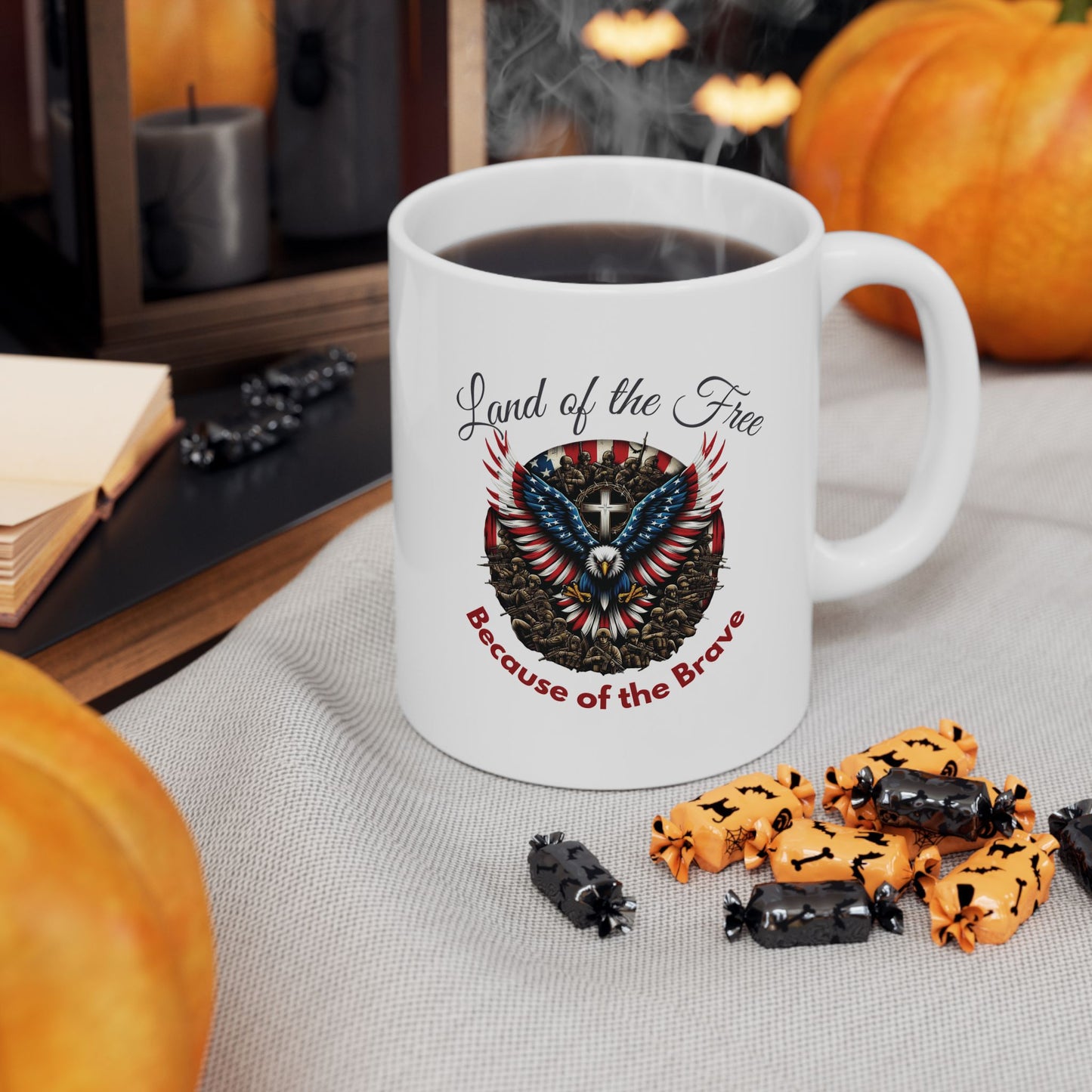 Patriotic Eagle Coffee Mug | Land of the Free Because of the Brave | American Flag Cross Soldiers Mug | Memorial Day Veterans Day Gift - 11oz
