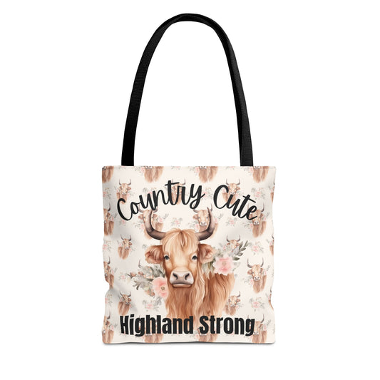 Country Cute, Highland Strong Tote Bag – Floral Highland Cow All-Over Print